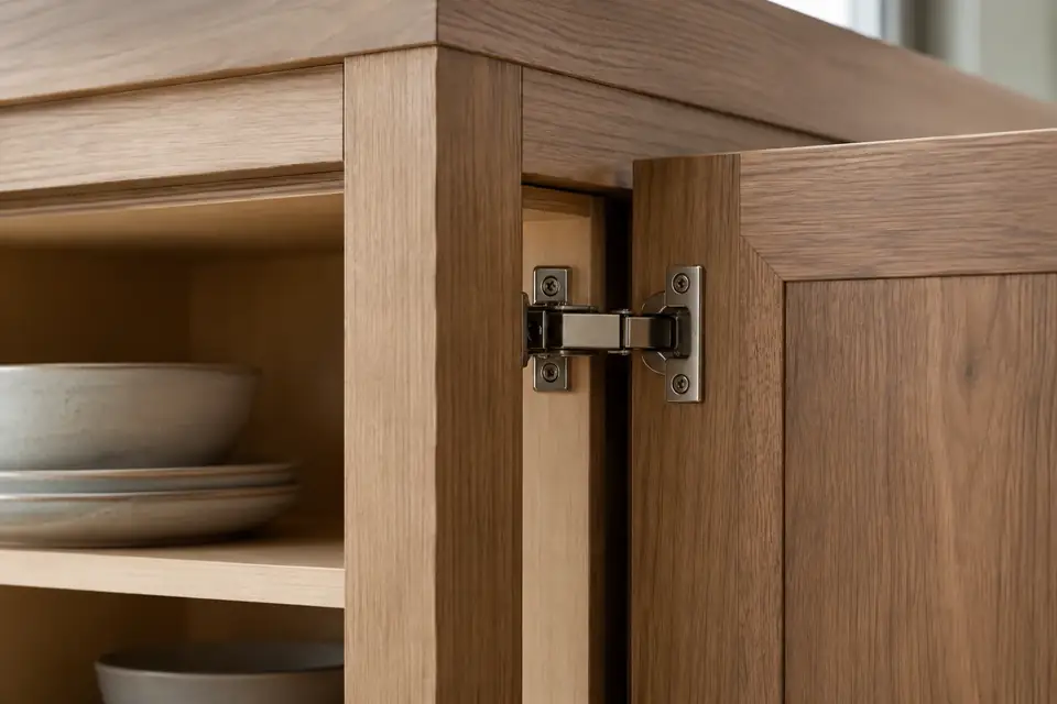 Face frame freshly covered in wood veneer beside a new door on a concealed hinge