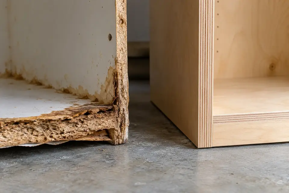 Swollen particleboard cabinet bottom beside a crisp new plywood cabinet side