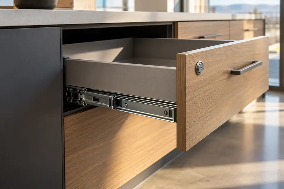 Commercial drawer with heavy-duty runners, laminate interior and a lock