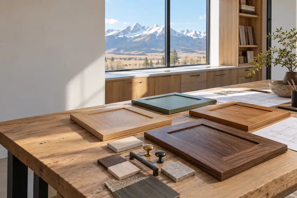 Design table with sample cabinet doors in white oak, walnut, green paint and alder beside a mountain window