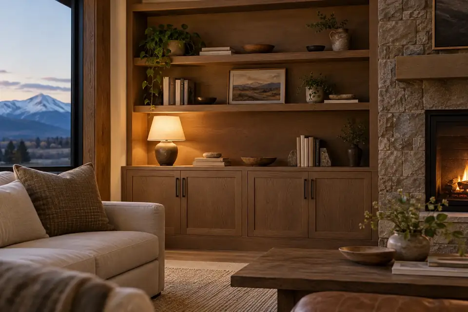 Living room built-ins in white oak stained rich mid-brown with evening lamp light
