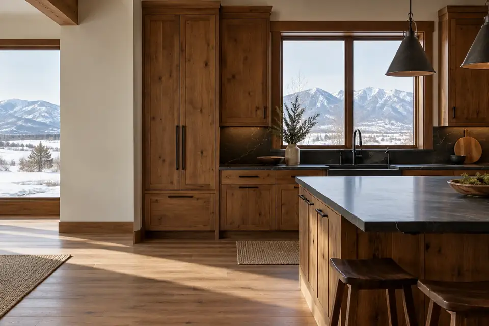 Kitchen in knotty alder stained warm mid-brown with black iron hardware and soapstone counters