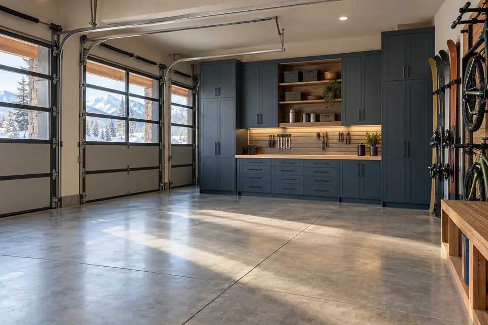 Heated three-bay garage with slate-blue tall cabinets, butcher-block workbench and ski racks