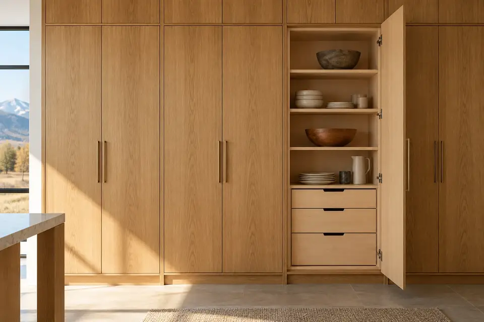 Wall of tall rift white oak cabinets with grain-matched doors and a maple interior