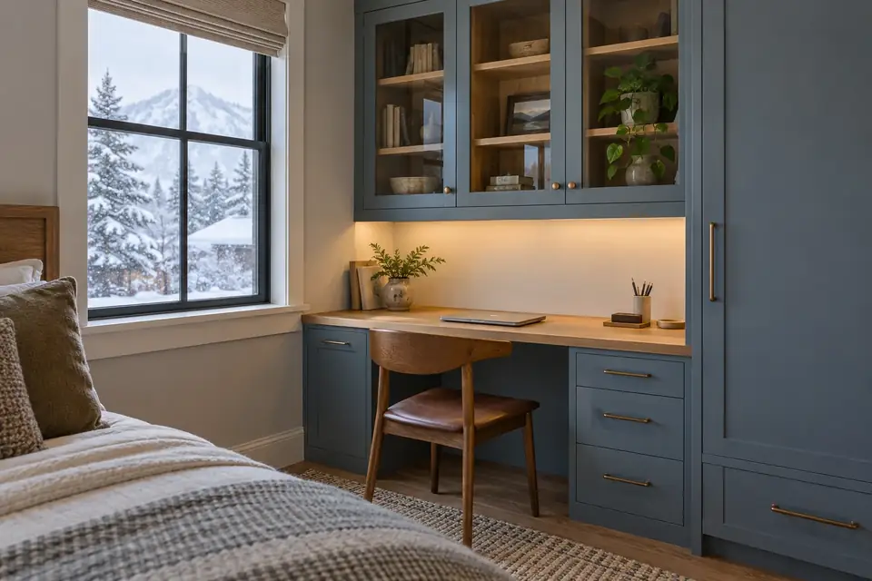 Compact painted blue built-in desk nook with glass upper cabinets and snow outside