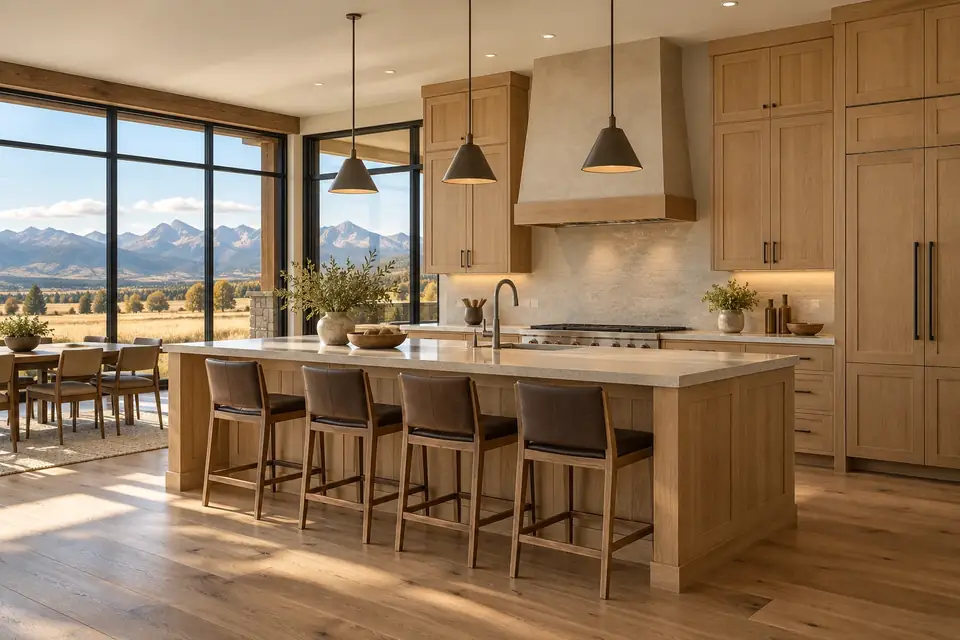 Open Montana ranch kitchen with quartersawn white oak shaker cabinets, long island and grassland view