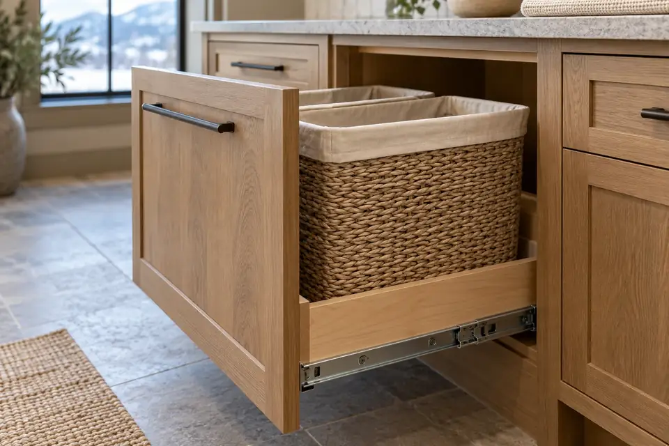 Pull-out hamper drawer with two woven liner bins