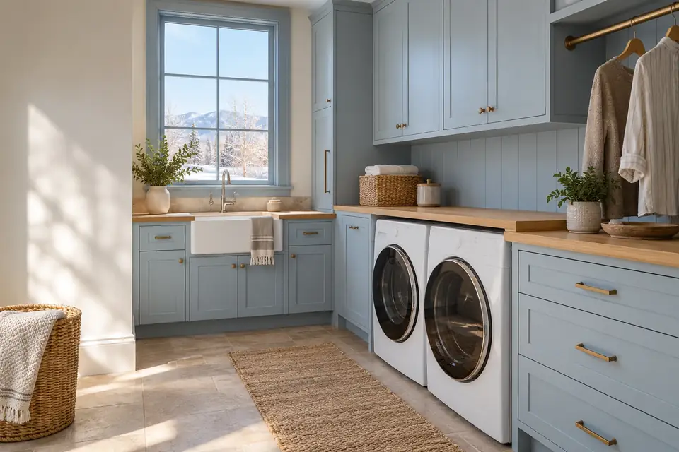 Bright laundry room with pale blue shaker cabinets, front-load washer and dryer and white oak counter
