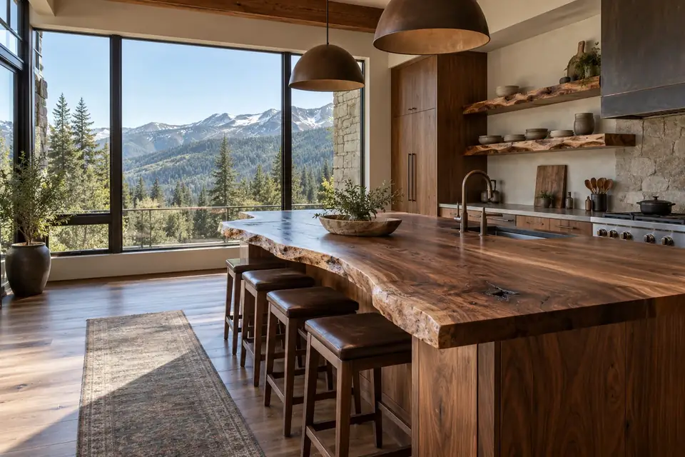 Mountain kitchen with a live-edge walnut island top and floating shelves with forested slopes outside