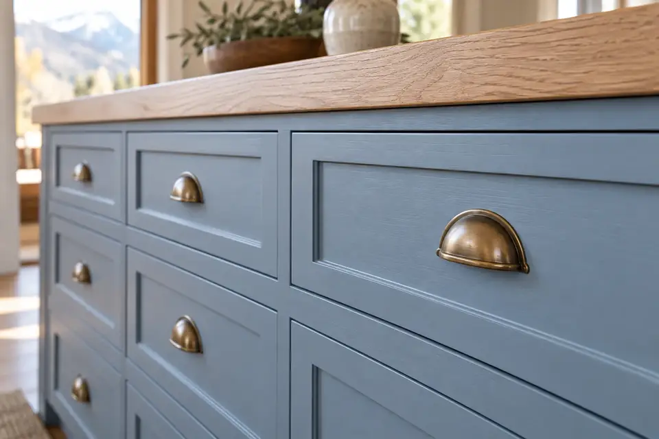 Bank of soft blue painted drawers under a white oak counter edge with simple cup pulls