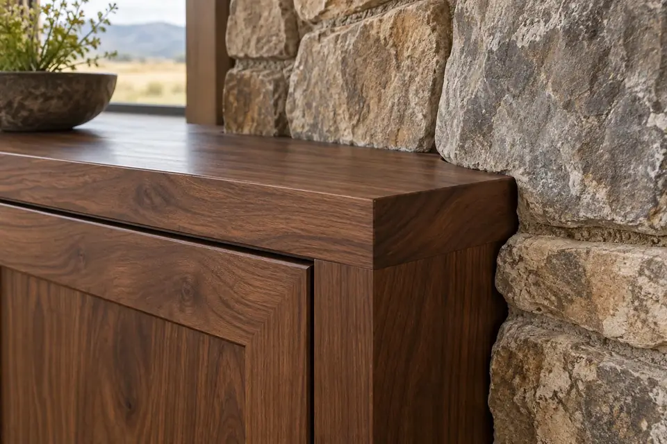 Walnut cabinet scribed tightly to a rough natural stone wall