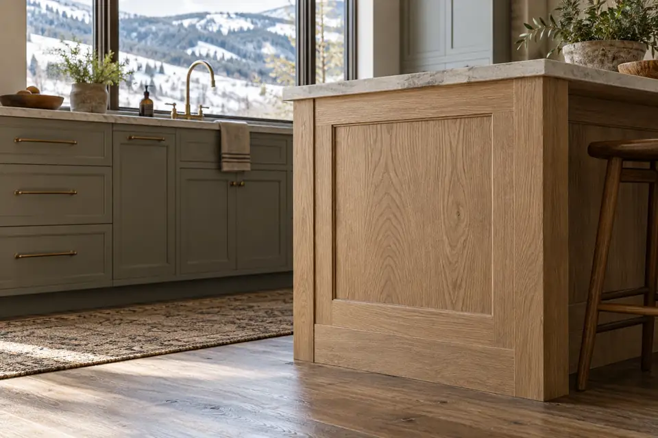 White oak island end panel beside painted perimeter cabinets with snowy hillsides outside