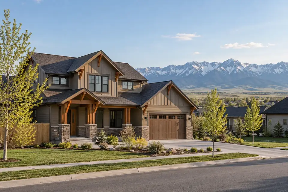 Newer craftsman-style home on a quiet Belgrade street with young trees and the Bridger Range behind