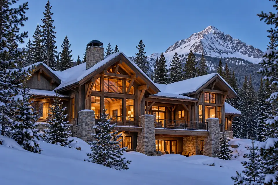 Timber-frame ski home among lodgepole pines in deep snow below a steep peak