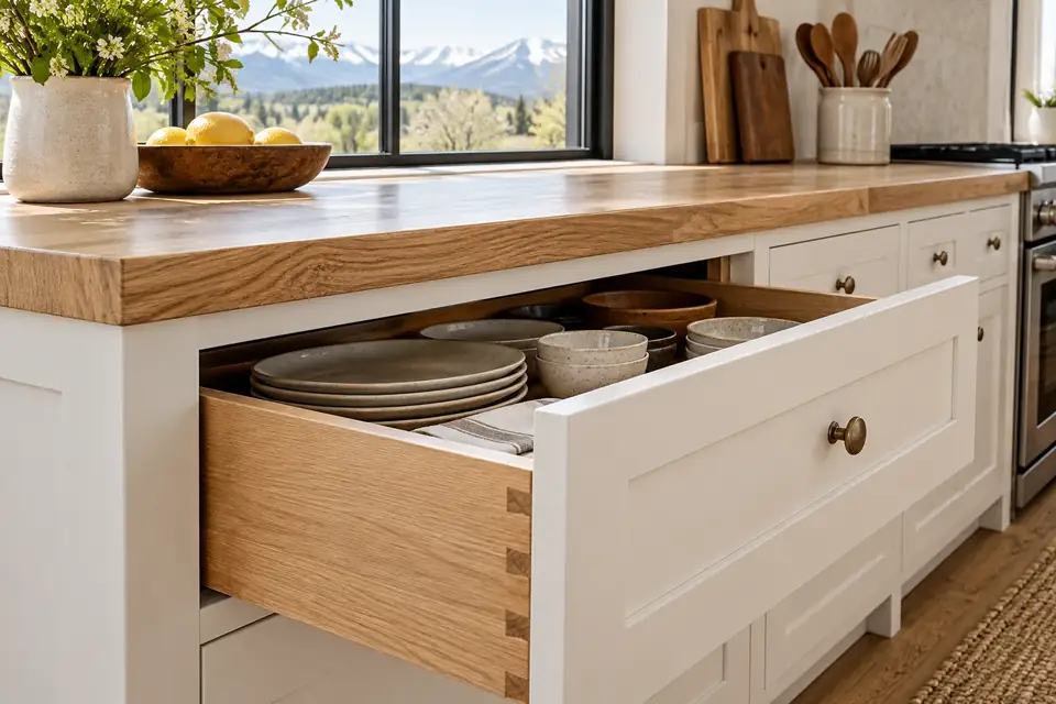 White shaker cabinet with a solid oak counter edge and a deep drawer of plates