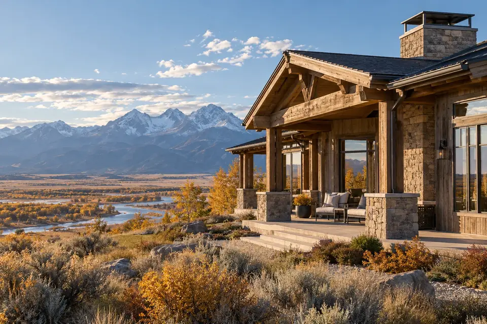 Ranch home on sagebrush benchland above a wide river valley with a tall mountain range beyond