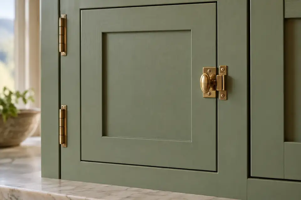Sage-green inset cabinet door with butt hinges and a polished latch