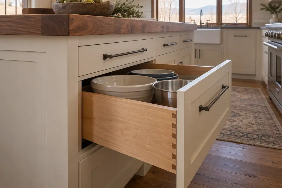 Butcher-block island end on a cream base with a deep drawer of mixing bowls