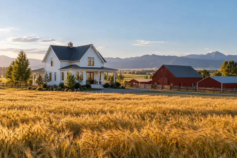 White farmhouse and red outbuildings among golden barley fields