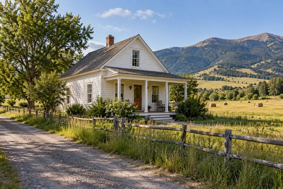 Small older clapboard home on a quiet rural lane with hay fields and rounded foothills behind