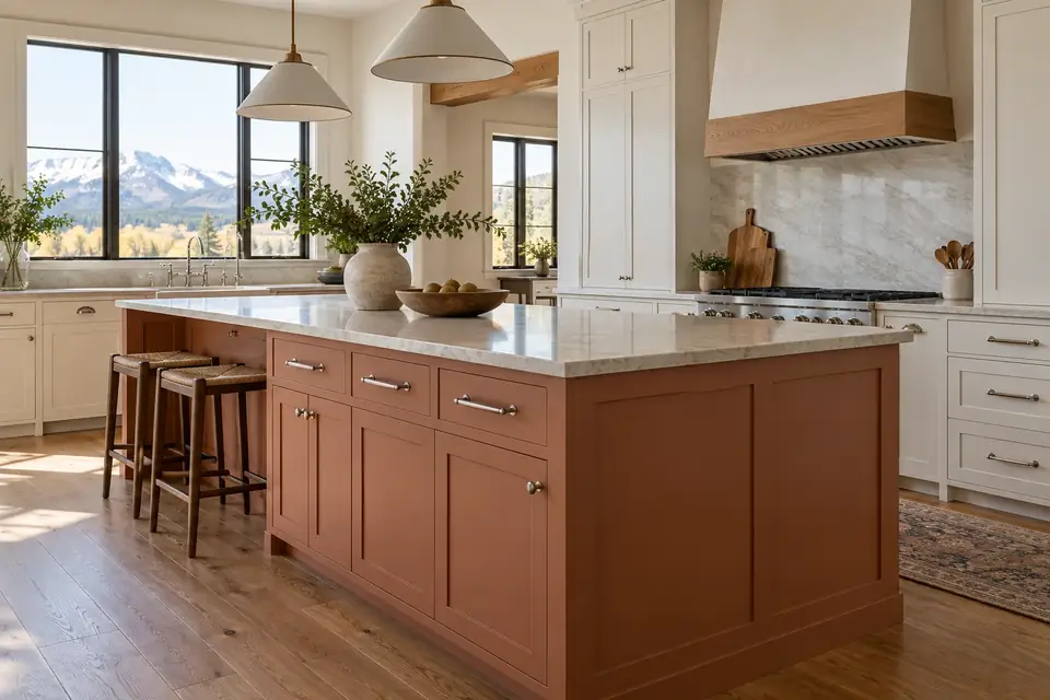 Muted terracotta painted island beside warm white perimeter cabinets