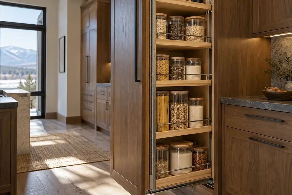 Tall pull-out pantry cabinet extended with adjustable shelves of dry goods