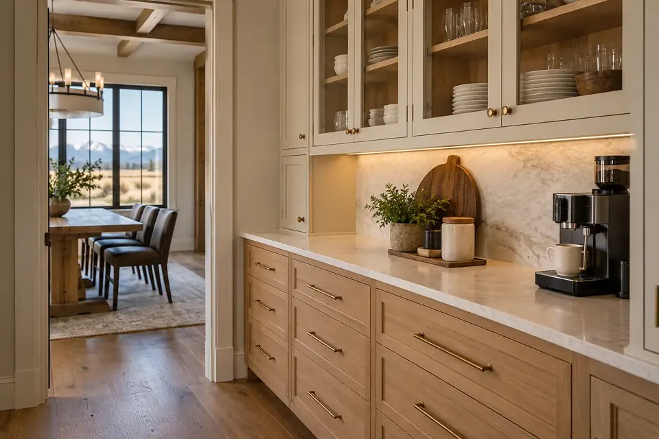 Butler pantry with glass-front uppers, deep drawers and a coffee station