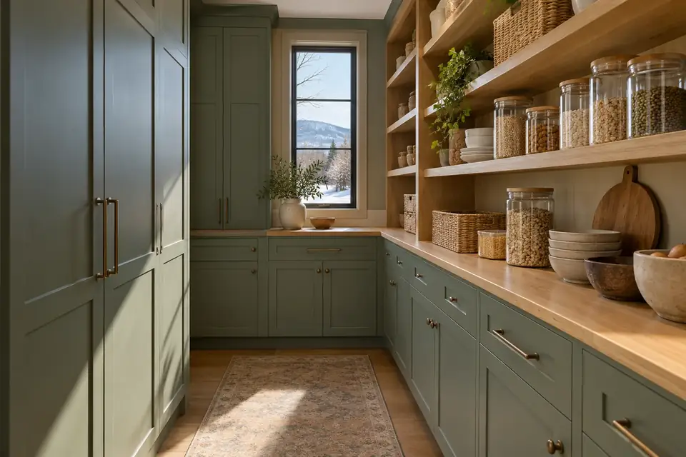 Walk-in pantry with sage-green cabinets and white oak shelves holding glass jars